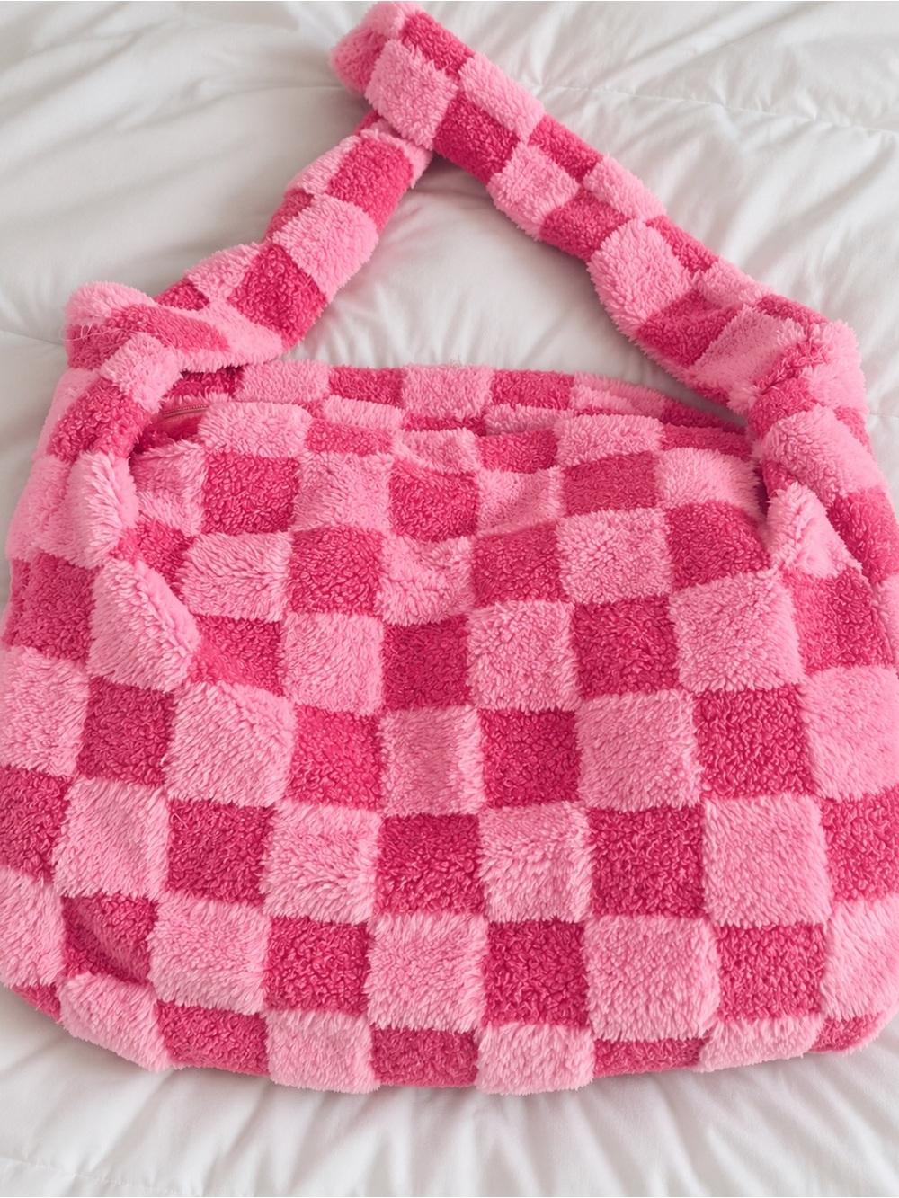 Plush Pink Checkered Shoulder Bag Purse